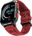 Rode smartwatch met zwarte kast en gekleurde ringen op het scherm, 09:30.