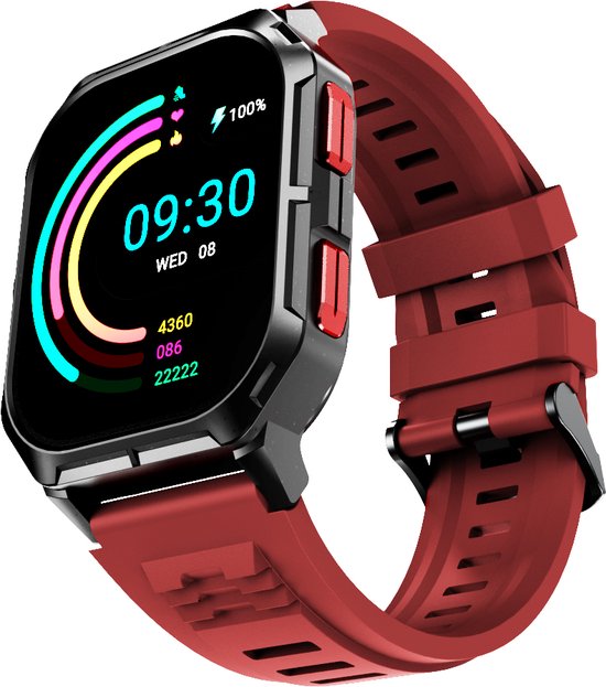 Rode smartwatch met zwarte kast en gekleurde ringen op het scherm, 09:30.