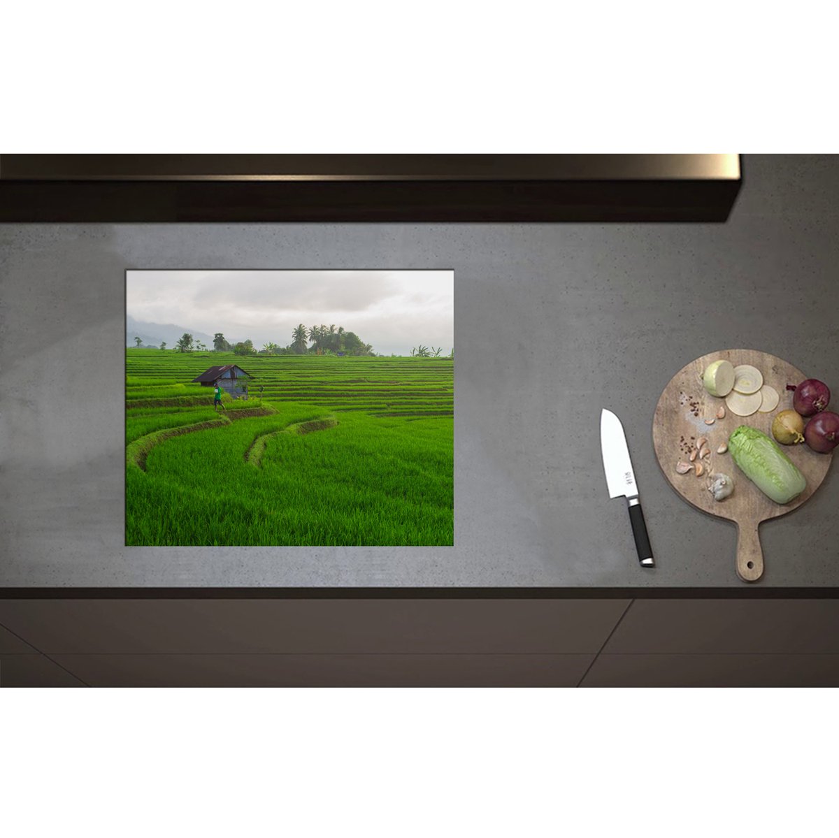 Inductieplaat Beschermer - Boer Werkend op de Rijstvelden in Indonesië - 59x50 cm - 2 mm Dik - Inductie Beschermer - Bescherming Inductiekookplaat - Kookplaat Beschermer van Wit Vinyl