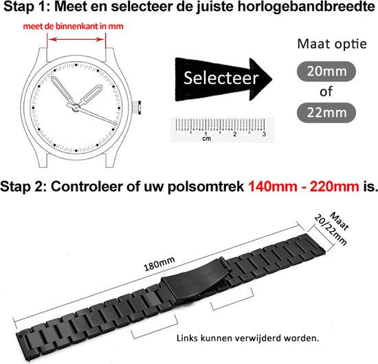 Een handleiding om de juiste bandbreedte te meten en te kiezen, met vermelding van 20mm of 22mm.