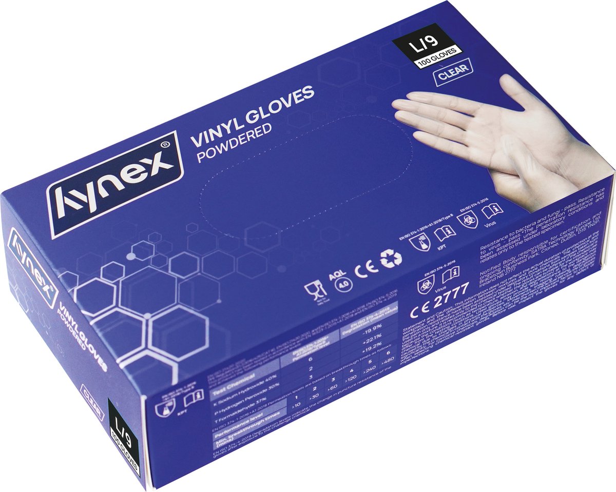 Goedkoopste Hynex Vinyl handschoenen L 100/doos 4,5gram Gepoederd Transparant/ Wit