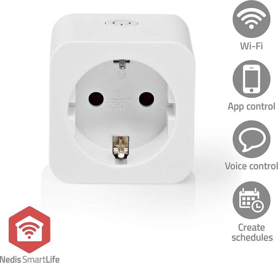 Witte Nedis SmartLife stekker met icoontjes voor Wi-Fi, app-bediening, spraakbediening en schema's.