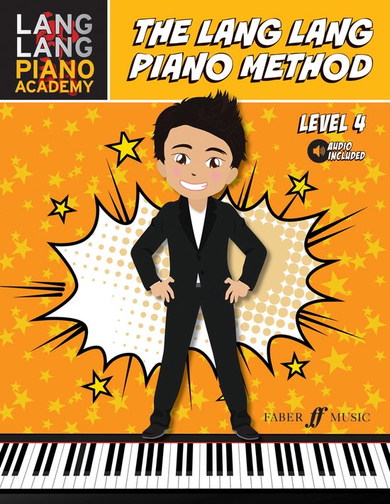 Boek 'The Lang Lang Piano Method Level 4' met een cartoonfiguur van Lang Lang in een pak.