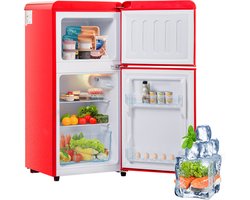 Sweiko Mini koelkast, Koel-vriescombinatie, Retro koelkast, 86.8*45.5 cm, dubbele deur, Totaal volume van 60L, Vrieskamer capaciteit van 22L, 163 kWh/jaar, -27° C~13° C, LED licht, Rood, Energieniveau F