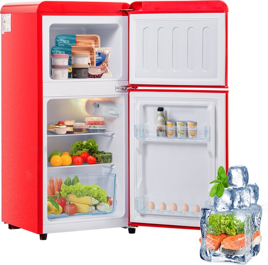 Sweiko Mini koelkast, Koel-vriescombinatie, Retro koelkast, 86.8*45.5 cm, dubbele deur, Totaal volume van 60L, Vrieskamer capaciteit van 22L, 163 kWh/jaar, -27° C~13° C, LED licht, Rood, Energieniveau F