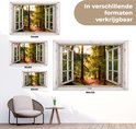 Een bospad door een open raam in verschillende formaten: 120x80, 90x60, 60x40, 180x120.