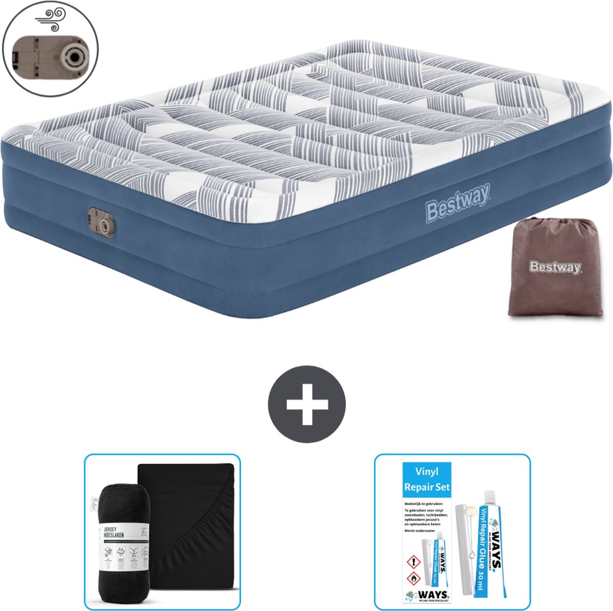 Bestway luchtbed - 2-Persoons - 152 x 203 x 36 cm - Blauw - Inclusief pomp - Hoeslaken en Reparatieset