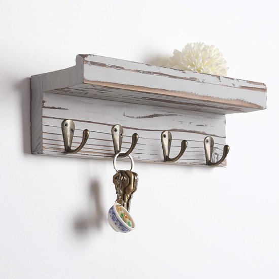Mini sleutelplank, houten sleutelhouder, sleutelrek/sleutelorganizer/haaklijst met plank, wandorganizer met 4 metalen haken (grijs)