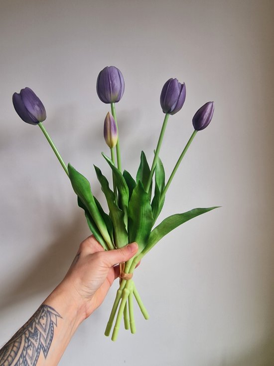 Real Touch Tulips - Old Purple - Autumn Purple - Real Touch Tulpen - Oud Paars - Tulpen - Kunstbloemen - Kunst Tulpen - Kunst Boeket - Tulp - 40 CM - Bos Bloemen - Latex Bloem - Bruiloft