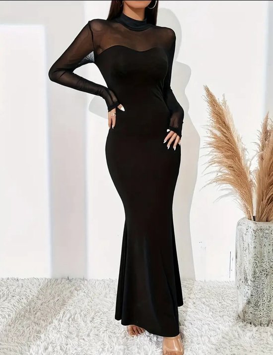 Sexy elegant jurk corrigerende zwarte maxi mesh feest kerst lichte stretch jurk speciale gelegenheidsjurk maat L