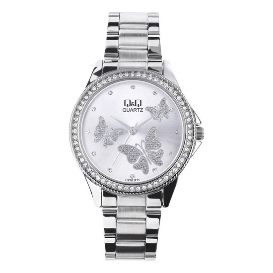 Q & Q Dames Q&Q stalen dameshorloge met vlinders - Horloge - Staal - Zilverkleurig - 37.50 mm