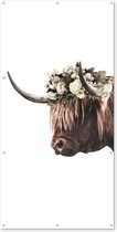 Schuttingposter Schotse hooglander - Koe - Rozen - 100x200 cm - Tuindoek