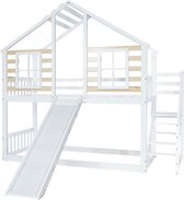 Merax Stapelbed 90x200 cm - Huisbed Hoogslaper voor Kinderen - Bed met Uitvalbeveiliging - Ladder - Trap - Wit