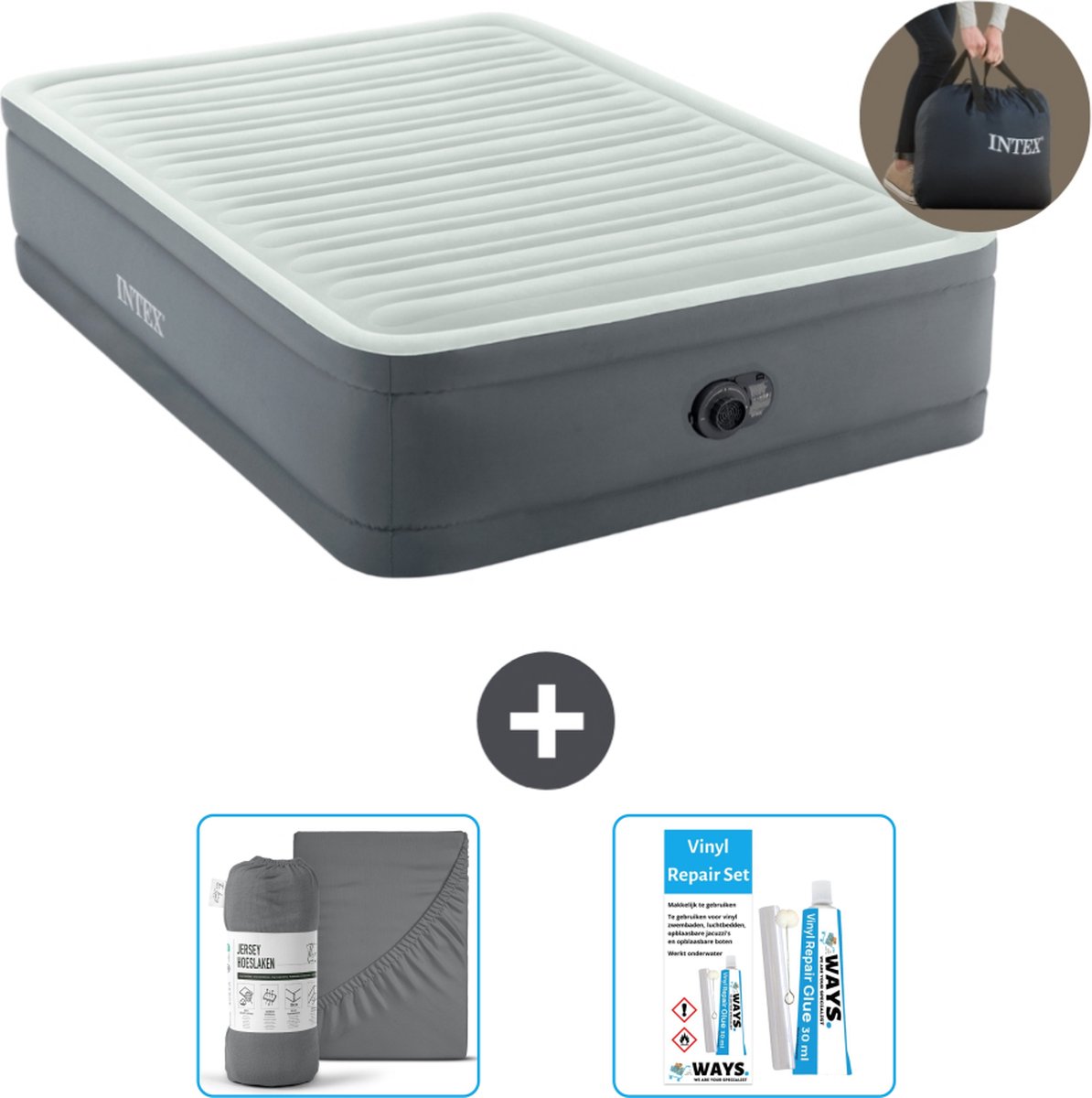 Intex Luchtbed - Twijfelaar - 137 x 191 x 46 cm - Grijs - Inclusief pomp - Hoeslaken en Reparatieset