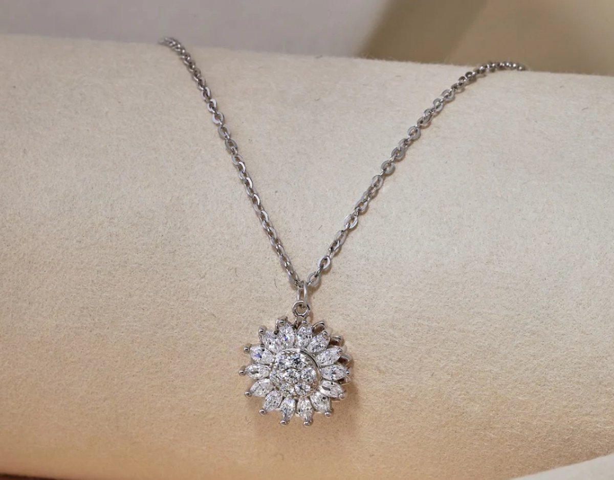 Style King - Zonnebloem Ketting - RVS - zirkonia - 45cm