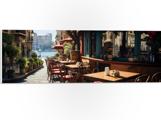 PVC Schuimplaat - Stad - Restaurant - Terras - Buiten - Planten - Rood - 60x20 cm Foto op PVC Schuimplaat (Met Ophangsysteem)