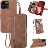 iPhone 14 Book case Case with Camera Protection - Simili cuir - Porte-cartes - Cordon - Motif Fleurs - iPhone 14 - Marron