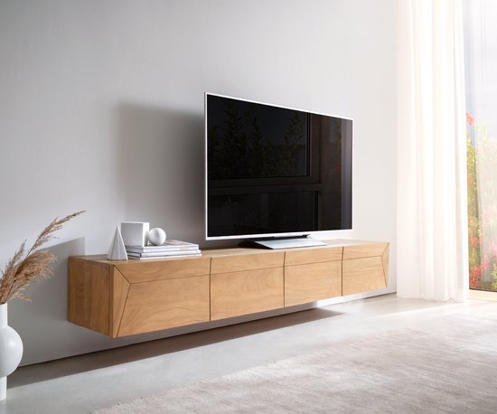 Tv-meubel Kayu acacia natuur 200 cm 4 deuren zwevend lowboard