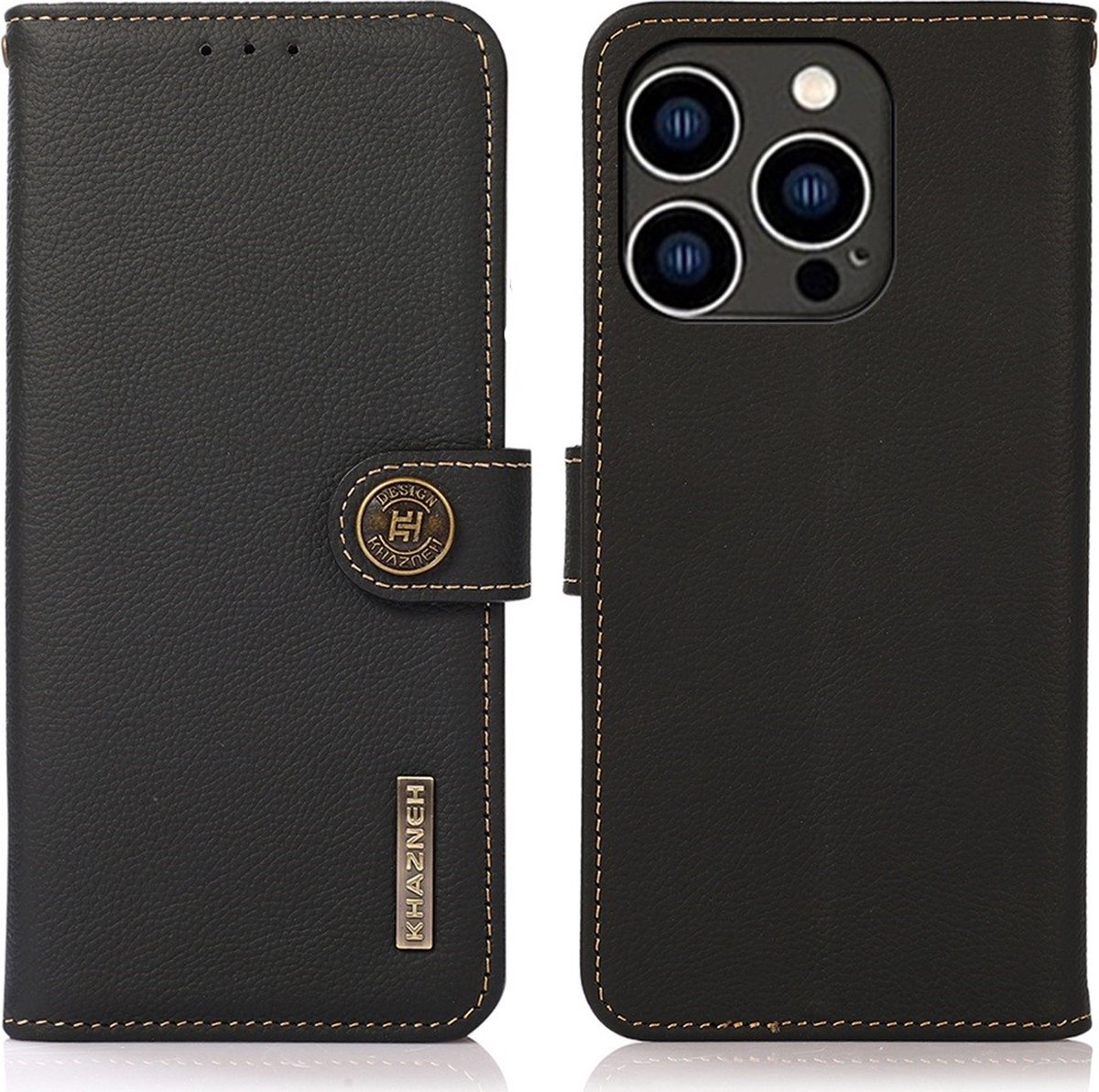 Khazneh-iPhone 15 Pro - Leather - Book case incl pasjeshouder Zwart