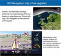 3D GPS navigatiekaart met steden zoals Inverness, Londen, Parijs, Berlijn, Boedapest. Gedetailleerde route met afstand en reistijd.