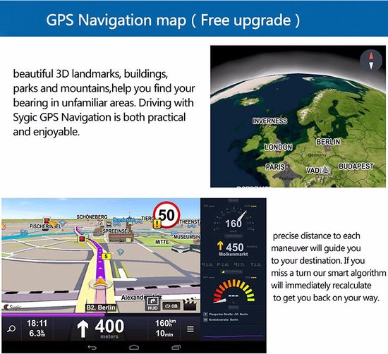 3D GPS navigatiekaart met steden zoals Inverness, Londen, Parijs, Berlijn, Boedapest. Gedetailleerde route met afstand en reistijd.