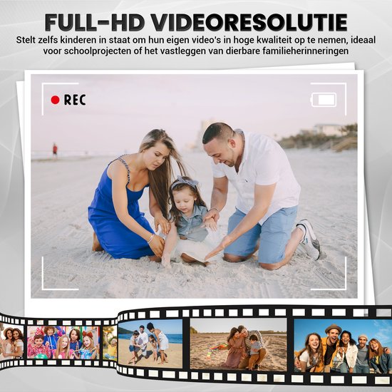 Zwarte compactcamera met scherm waarop een gezin op het strand wordt gefilmd. Band van film met 4 foto's van gezinnen en kinderen.