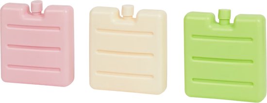 Drie gekleurde koelelementen: roze, crème en lichtgroen.