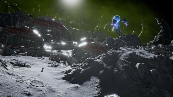 Een speler met een blauwe helm en jetpacks vliegt over een maanlandschap met koepelgebouwen.