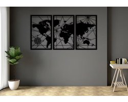 foto van 3 stucks wereldkaart modern deco muurdecoratie - Wanddecoratie - Zwart - Houten art - Muurdecoratie - Line art - Wall art - Bohemian - Wandborden - Woonkamer - 110x60cmcm