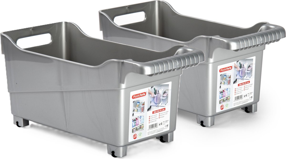 Plasticforte opberg Trolley Container - 2x - zilver - L38 x B18 x H18 cm - kunststof