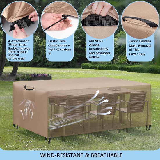 Kipiea Extra grote tuinmeubelhoezen, vierkante tuinmeubelhoezen waterdicht, 420D Oxford-stof, terrastafelhoes, winddicht, anti-UV voor stoelen en tafel - 226 x 226 x 71 cm