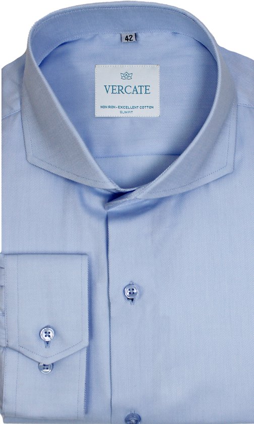 Vercate - Strijkvrij Overhemd - Lichtblauw - Blauw - Slim Fit - Twill Geweven Katoen - Lange Mouw - Heren - Maat 42/L