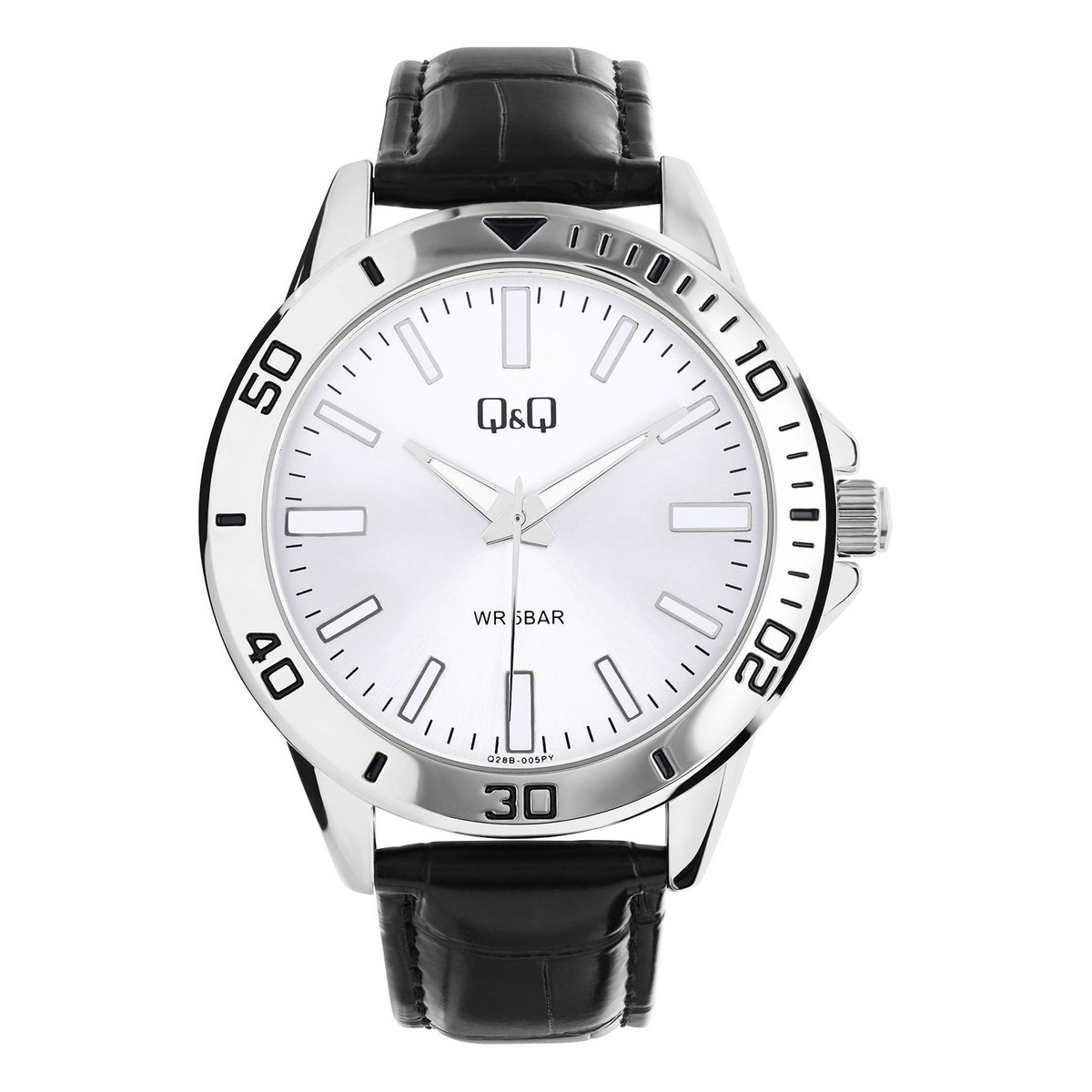Q Q Heren QQ herenhorloge met zwarte leren band - Horloge - PU leer - Zwart - 44 mm