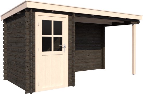 BlokhuttenOutlet.nl Blokhut met overkapping lessenaar dak 150 x 250 + 300cm in black wash met white wash