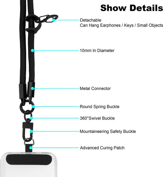 Chaîne de téléphone portable Cadorabo adaptée au HTC Desire 830 en NOIR avec cordon de sangle réglable à accrocher autour du cou