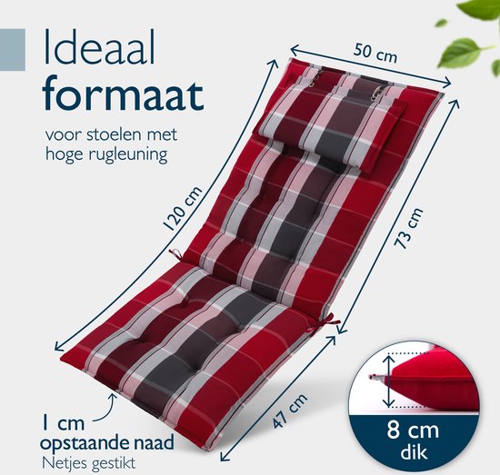 Beautissu Sun HL Set Van 4 Premium Hoge Rugleuning Kussen Met Hoofdkussen 120x50 Cm Uv Bestendig 8cm Dik Tuinstoelkussen Antislip Bevestigingsbanden Stevige Stof Oranje Beige Geblokt 1643045596