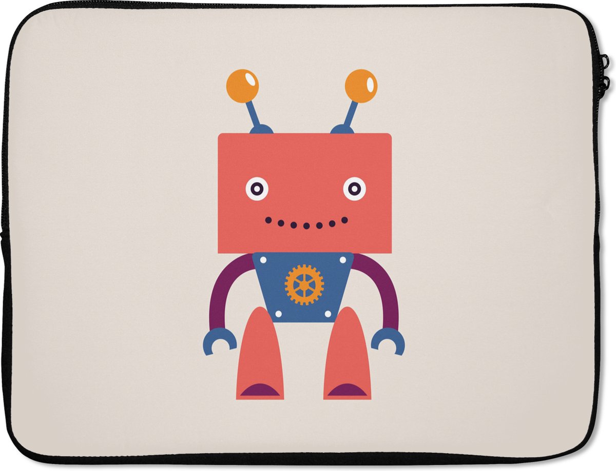 Laptophoes 17 inch - Robot - Tandwiel - Gezicht - Antenne - Kids - Jongetjes - Laptop sleeve - Binnenmaat 41x28 cm - Zwarte achterkant