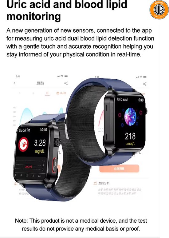 Twee donkerblauwe smartwatches, één toont bloedvet meting van 3.28 mg/dL, de andere urinezuur meting van 218 µmol/L.