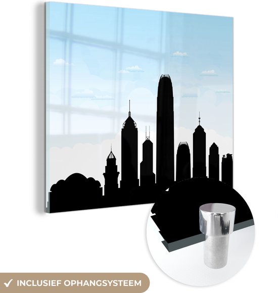 MuchoWow® Glasschilderij 90x90 cm - Schilderij acrylglas - Illustratie van de silhouet van Hong Kong onder een lichtblauwe lucht - Foto op glas - Schilderijen