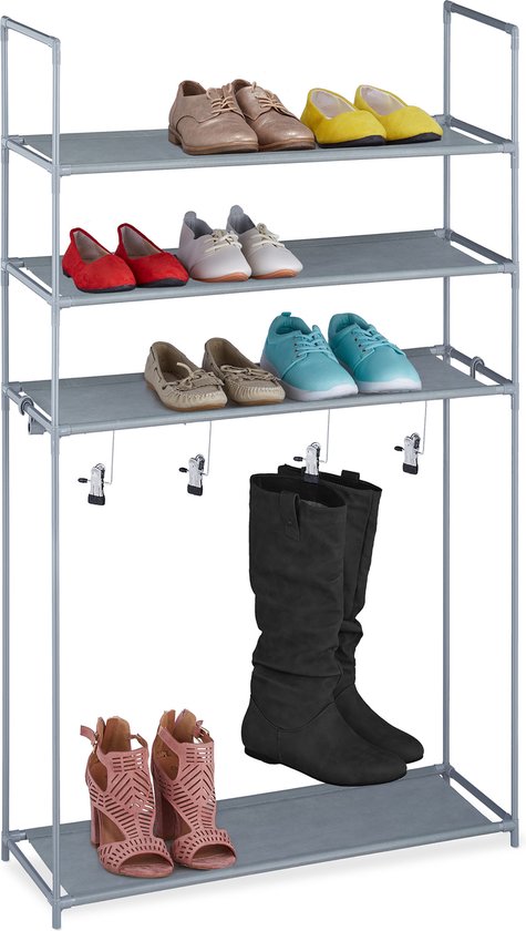 Relaxdays schoenenrek met 4 etages - opbergrek schoenen en laarzen - open schoenenkast - grijs