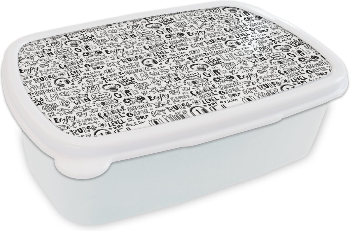 Broodtrommel Wit - Lunchbox - Brooddoos - Doodle - Zwart Wit - Patroon - 18x12x6 cm - Volwassenen