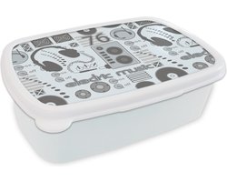 Broodtrommel Wit – Lunchbox – Brooddoos – DJ – Koptelefoon – Vintage – Tekening – Design – 18x12x6 cm – Volwassenen