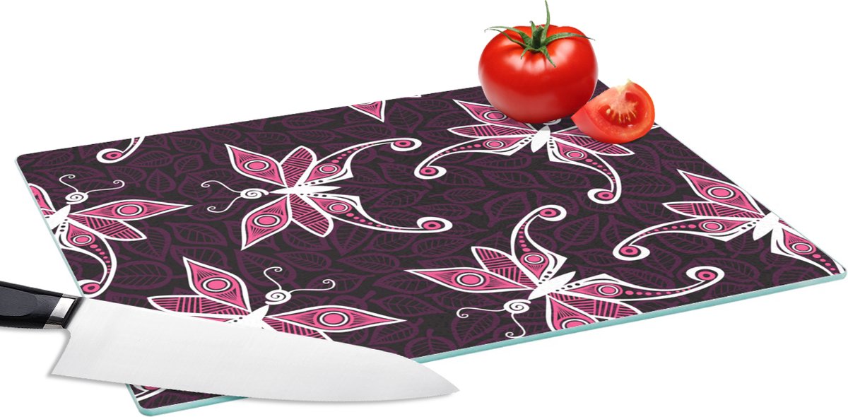 Glazen Snijplank - 39x28 - Vlinders - Patronen - Roze - Snijplanken Glas