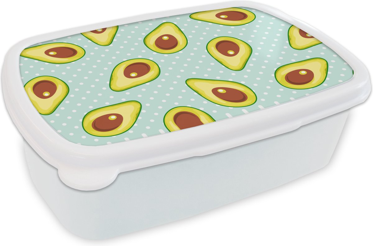 Broodtrommel Wit - Lunchbox - Brooddoos - Avocado - Patronen - Stippen - 18x12x6 cm - Volwassenen