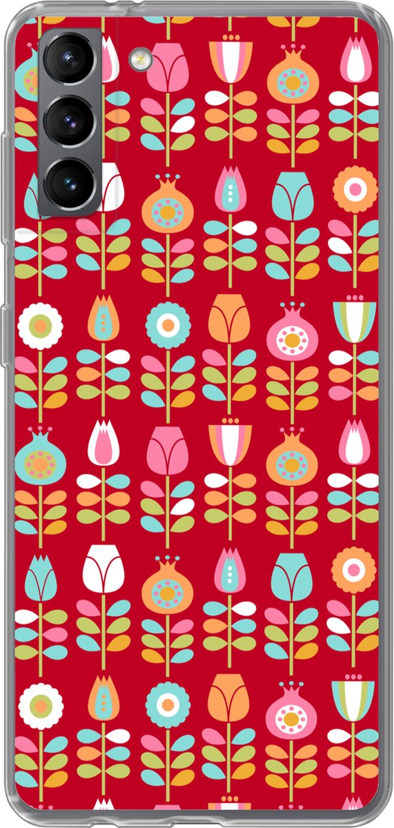 Telefoonhoesje Geschikt voor Samsung Galaxy S21 Plus hoesje - Patronen - Bloemen - Retro - Rood - Siliconen Telefoonhoesje Telefoonhoesje