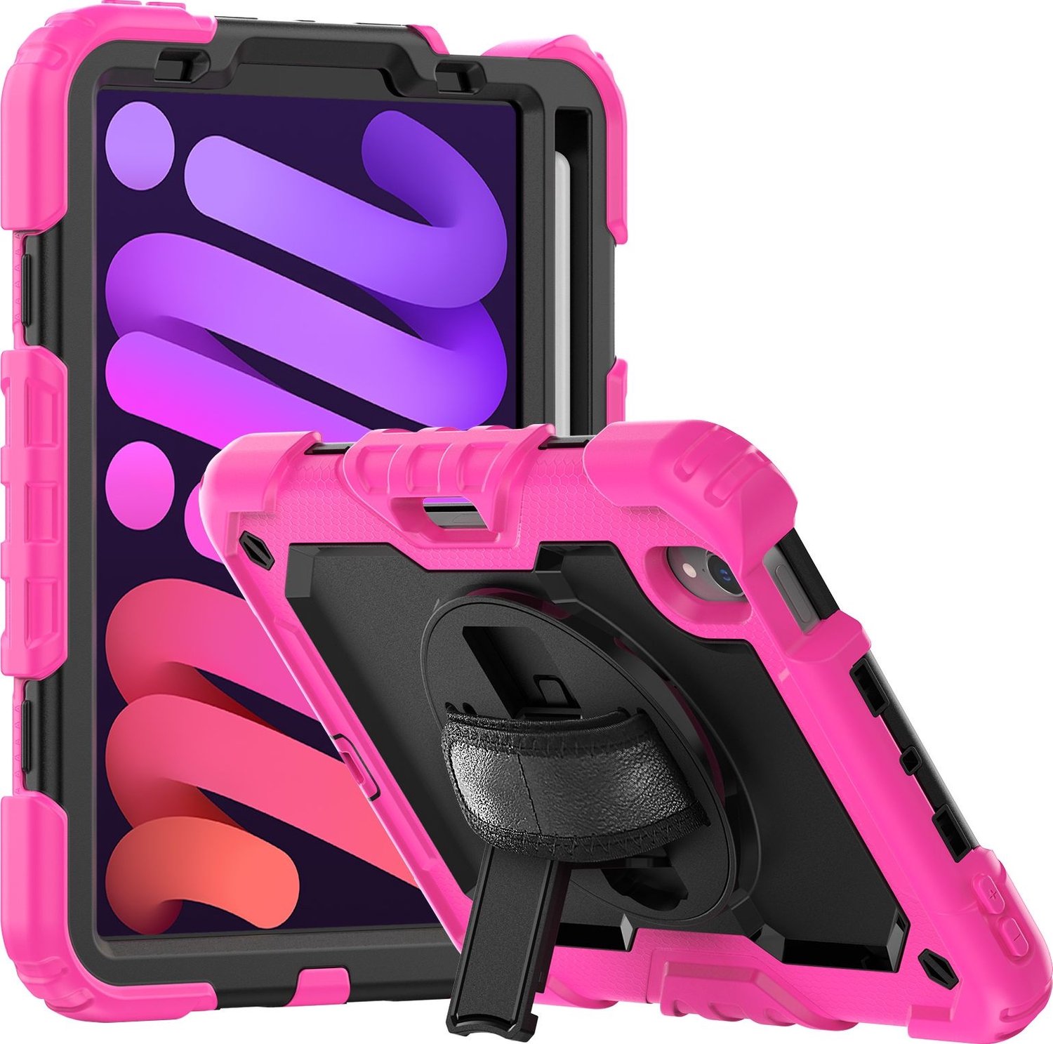 Mobigear SureGrip Xtreme - Apple iPad Mini 6 (2021) Hardcase Backcover + Stylus Houder + Schouderband + Standaard - Zwart / Roze