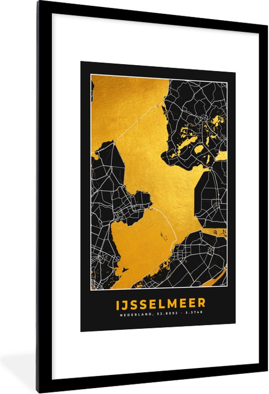 Fotolijst incl. Poster - Kaart - Plattegrond - Stadskaart - Nederland - Goud - IJsselmeer - 80x120 cm - Posterlijst