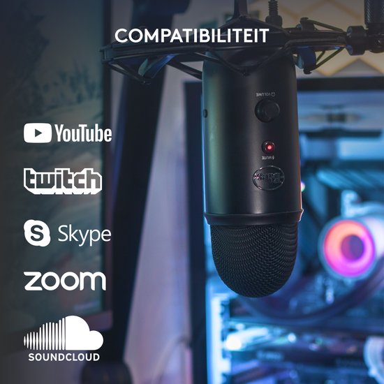 Microphone Blue Yeti noir avec logos YouTube, Twitch, Skype, Zoom, SoundCloud et texte "COMPATIBILITÉ"