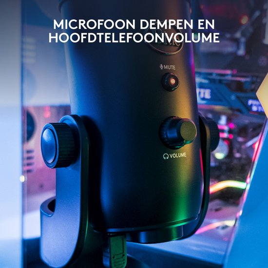 Microphone Blue Yeti noir avec texte "MUET DE MICRO ET VOLUME CASQUE"