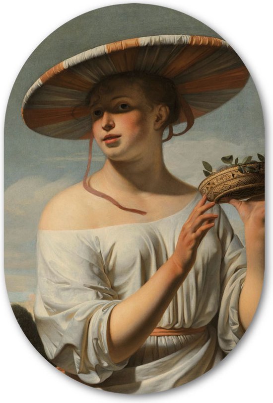 Wandovaal Meisje met de brede hoed - WallCatcher | Aluminium 70x105 cm | Ovalen schilderij | Muurovaal Meesterwerk van Caesar Boëtius van Everdingen op Dibond